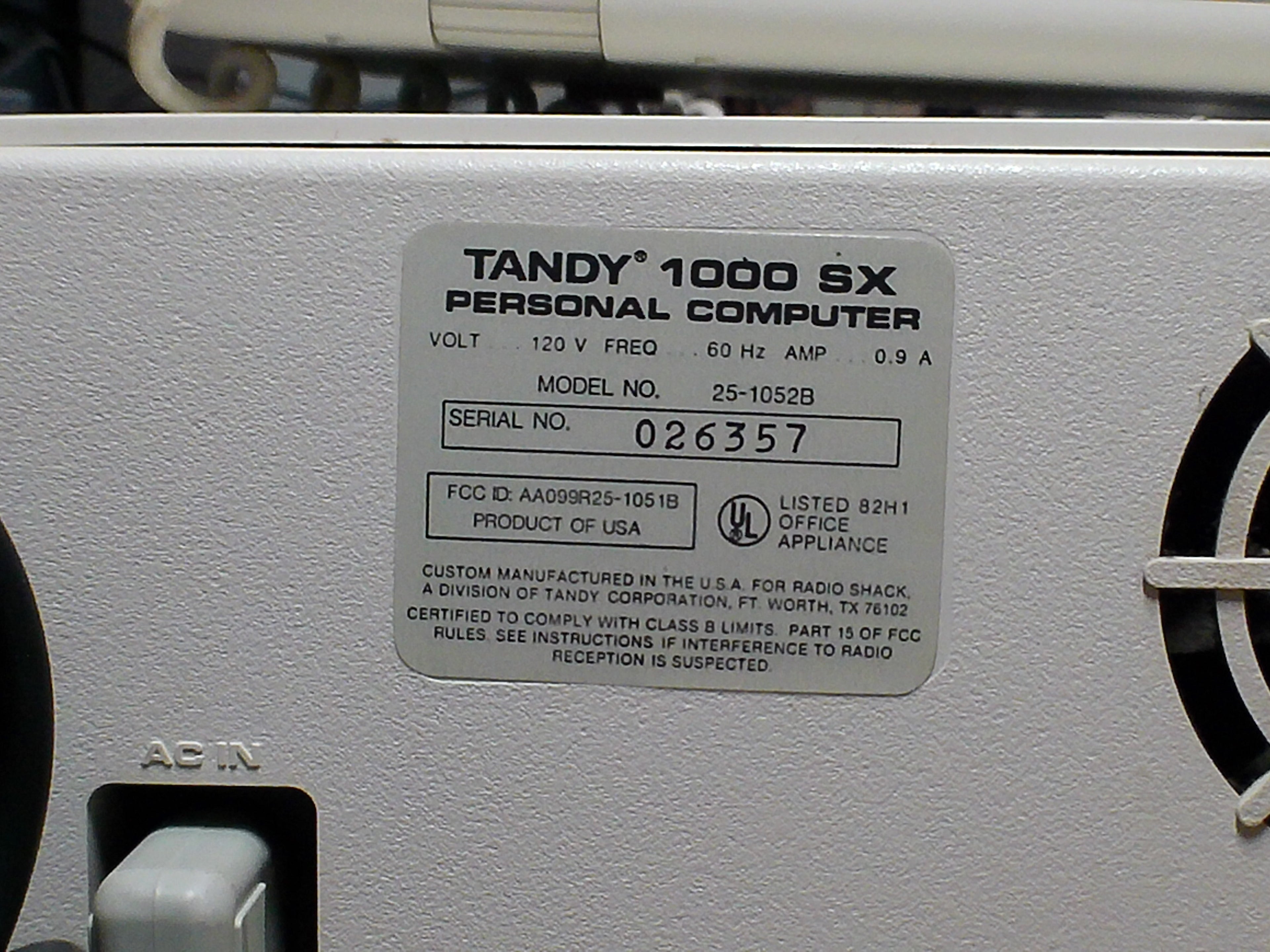 Tandy 1000 SX Computer – Fully Working, DOS, 20MB Hard Drive, Keyboard Included