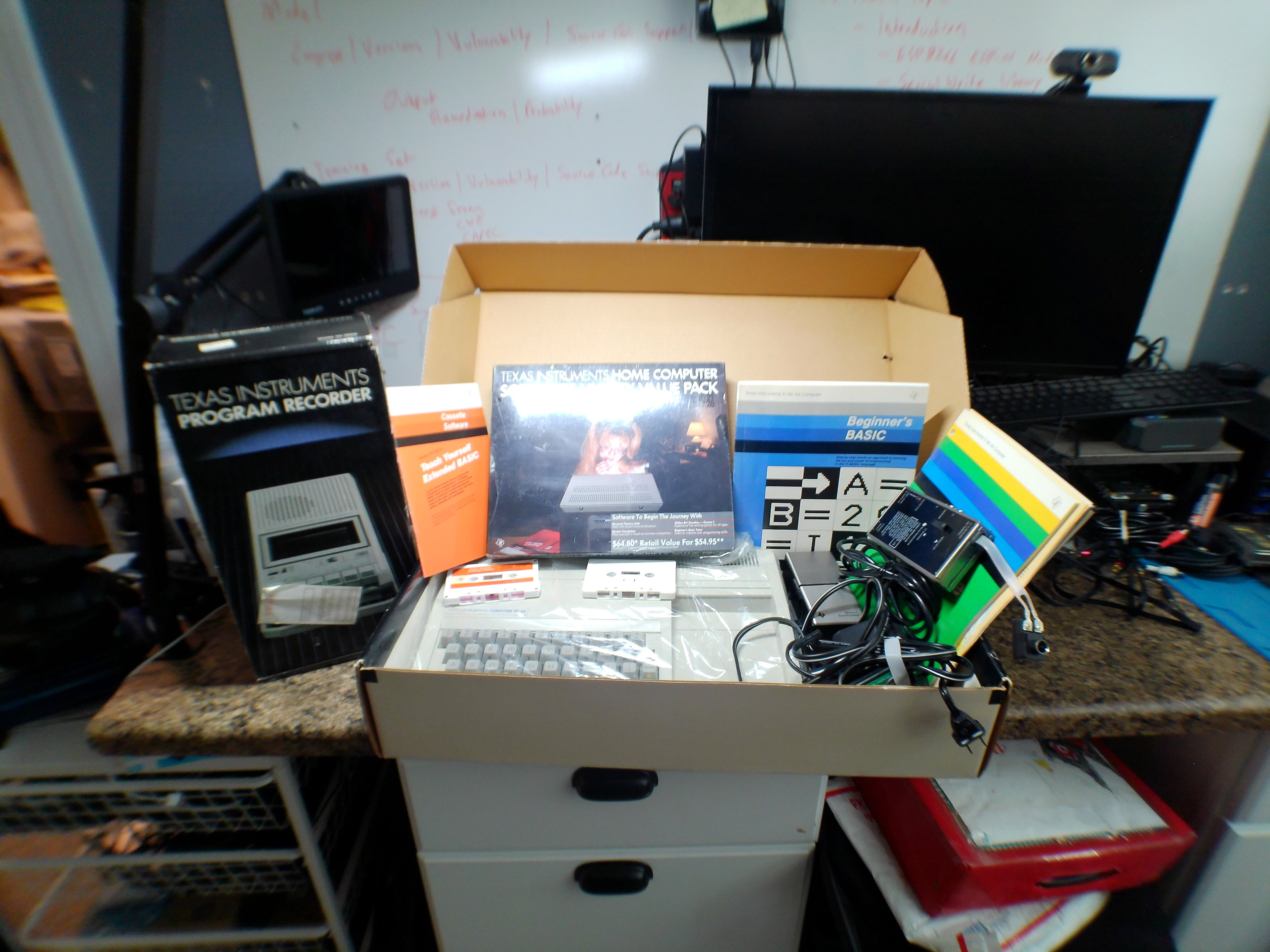 Texas Instruments TI-99/4A Complete Bundle — Boxed Console & Program Recorder, Speech Synthesizer, Sealed Software — Untested (As-Is)