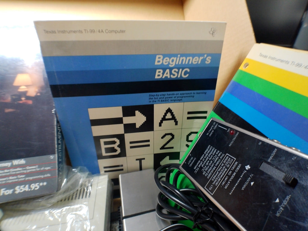 Texas Instruments TI-99/4A Complete Bundle — Boxed Console & Program Recorder, Speech Synthesizer, Sealed Software — Untested (As-Is)