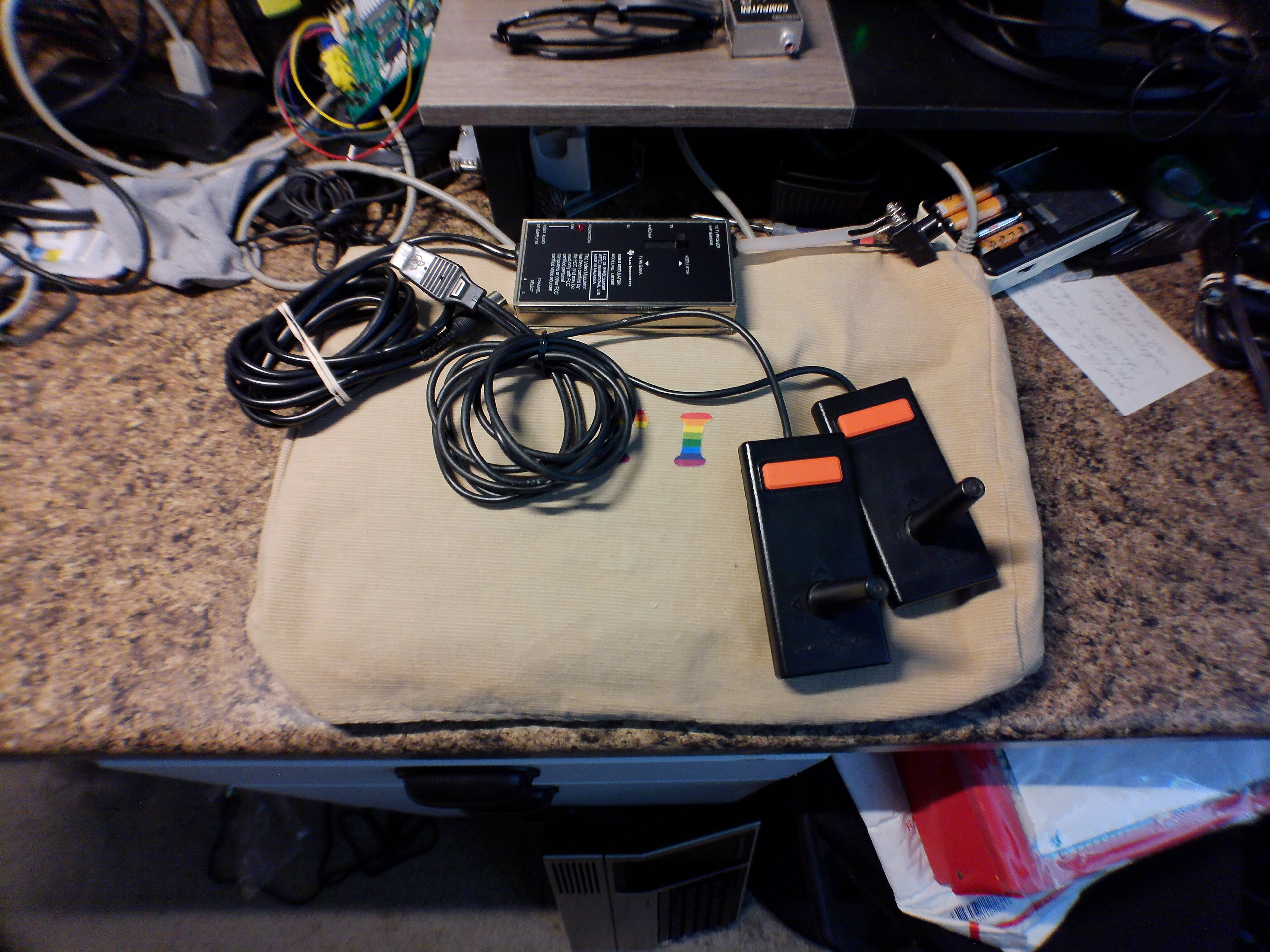 Texas Instruments TI-99/4A Home Computer with Dust Cover, Video Modulator & Joysticks — Untested (As-Is)
